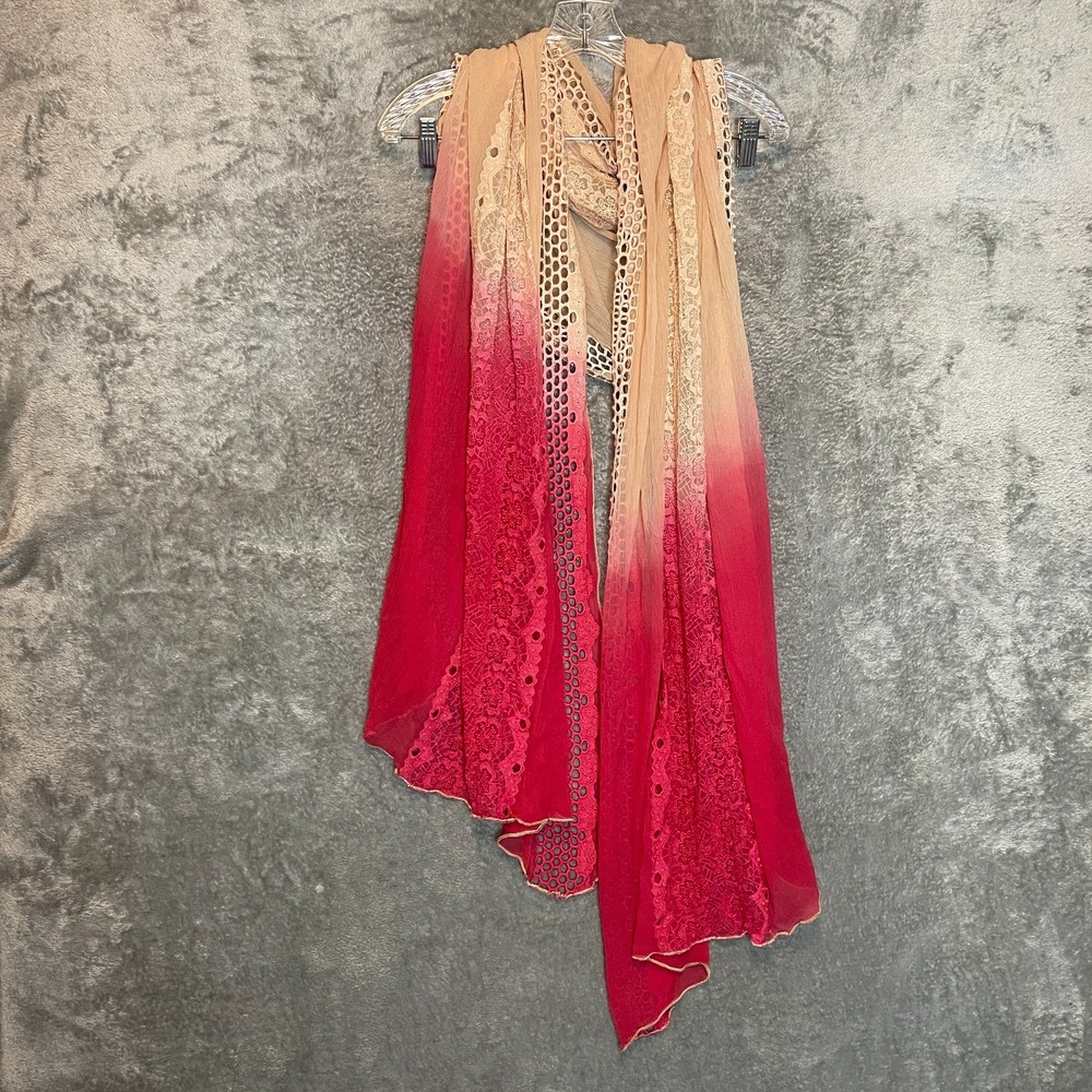 Womens Red‎ Beige Ombre Dupatta Scarf Crochet Boho Festival Ethnic Traditional